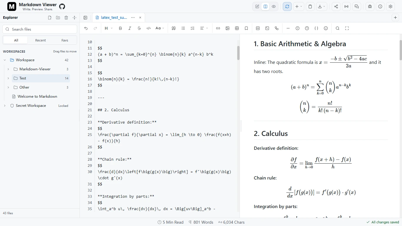 Markdown Viewer split view with LaTeX source, the quadratic formula, binomial theorem and calculus in the preview.